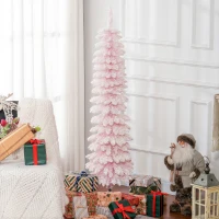 HOMCOM 5ft Snow-Flocked Artificial Christmas Tree, Slim Pencil Xmas Tree with 301 Realistic Branches, Metal Base, Pink(m-8)