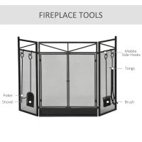 HOMCOM 3-Panel Folding Fireplace Screen with 2 Magnetic Doors and Fire Place Tools Set, Fire Spark Guard for Wood Burning, with Brush, Shovel, Poker, Firewood Tongs, 48" x 0.75", Black(m-7)