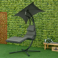 Outsunny Floating Chaise Lounge Outdoor Porch Swing Chair Hanging Hammock Reclining Seat  w/ Arc Stand & Canopy Umbrella Charcoal Grey(m-8)