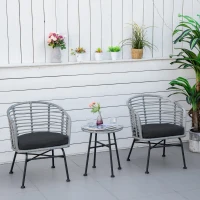 Outsunny 3 Piece Patio Bistro Set, PE Rattan with Cushioned Barrel Chairs & Glass Coffee Table, Conversation Set, Mixed Gray(m-10)