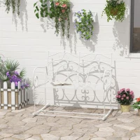 Outsunny Patio 2 Seater Rocking Bench Steel Garden Outdoor Garden Loveseat w/ Elegant Patern for Garden, Balcony, Porch, White(m-1)