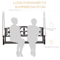 Outsunny 2-Person Porch Swing, Hanging Steel Patio Swing, Outdoor Swing Bench with Fleur-de-Lis Design for Garden Deck, 528 LBS Weight Capacity, Black(m-4)