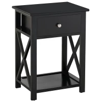HOMCOM Farmhouse Side Table, End Table with Storage Drawer, Open Shelf and X-Frame, Bedside Table for Living Room, Black(m-1)