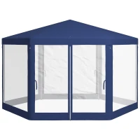 Outsunny 13' x 11' Outdoor Party Tent, Hexagon Sun Shade Shelter Canopy w/ Protective Mesh Screen Sidewalls, Ropes & Stakes, Blue(m-1)