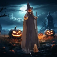 HOMCOM 6.2' Life Size Decoration Animatronic Witch w/ Broomstick Outdoor Halloween, Sound & Motion Activated w/ Light Up Eyes(m-8)