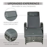 Outsunny Wicker Outdoor Chaise Lounge, 5-Level Adjustable Backrest PE Rattan Pool Lounge Chair with Wheels, Cushion & Headrest, Mixed Gray and Charcoal Gray(m-5)