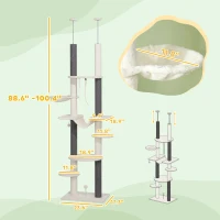 PawHut 89"- 100" Floor to Ceiling Cat Tree with Scratching Posts, Hammock, Perches & Toy Balls, White(m-3)