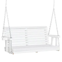 Outsunny 2 Seater Porch Swing Wooden Patio Swing Chair Seat with Cup Holder and Chains Outdoor Swing Bench for Garden Yard, White(m-2)