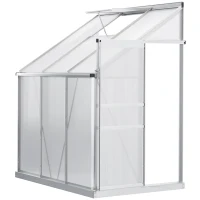 Outsunny 6' x 4' Aluminum Lean-to Greenhouse Polycarbonate Walk-in Garden Greenhouse with Adjustable Roof Vent, Rain Gutter and Sliding Door for Winter, Clear(m-1)