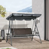 Outsunny 3-Seat Patio Swing Chair, Outdoor Canopy Swing Glider with Adjustable Shade, Rattan Seat and Steel Frame, for Porch, Garden, Poolside, Dark Grey(m-8)