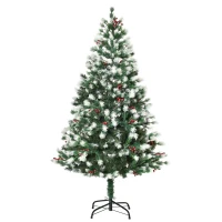 HOMCOM 5' Tall Unlit Snow-Flocked Fir Artificial Christmas Tree with Realistic Branches, Red Berries and 554 Tips, Green / White(m-1)