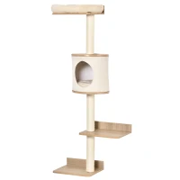 PawHut 4-Level Wall-Mounted Cat Tree Activity Tower, Wall Cat Shelves with Sisal Rope Scratching Posts, Cat Condo and Bed, Light Brown(m-1)
