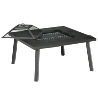 Outsunny 34" Fire Pit with Grill, Metal Outdoor Wood Burning Firepit with Spark Screen, Fire Poker, Cover, Table Lip, Black(m-11)