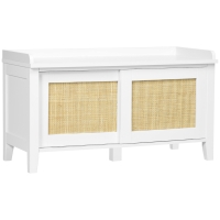 HOMCOM Entry Way Bench Shoe Storage Bench with Shoe Cabinets 2 Rattan Sliding Doors and Pine Wood Legs for Hallway White