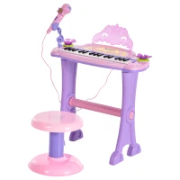 Qaba 32-Key Princess Electronic Toy Piano for Kids, Educational Keyboard Piano with Stool, MP3, Record, Flashing Lights, Microphone for 3-6 Years, Pink(m-1)