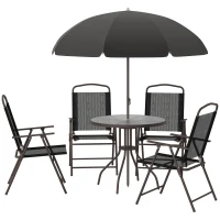 Outsunny 6 Piece Patio Dining Set for 4 with Umbrella, Outdoor Table and Chairs with 4 Folding Dining Chairs & Round Glass Table for Garden, Backyard and Poolside, Black(m-11)
