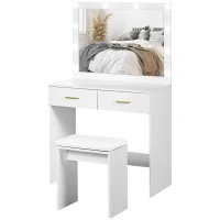 HOMCOM Makeup Vanity Table Set with Stool, Dressing Table with LED Lighting Mirror, Drawers, for Bedroom, White(m-2)