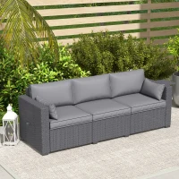 Outsunny 3 Seater Wicker Patio Sofa with Side Trays, Outdoor Couch with 6" Thick Back Cushions, Deep Seating, Grey(m-9)
