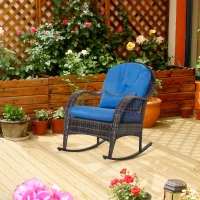 Outsunny Outdoor Rocking Chair with Seat and Back Cushion, Outdoor PE Rattan Garden Chair with Curved Armrests, for Porch, Backyard, Poolside, Blue(m-8)