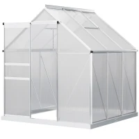Outsunny 6' x 6' x 6.5' Polycarbonate Greenhouse with Aluminum Frame, Walk-in Heavy Duty Green House with Adjustable Roof Vent, Rain Gutter and Sliding Door for Winter, Silver(m-11)