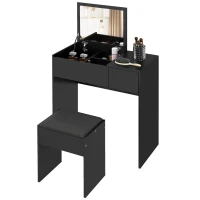 HOMCOM Modern Vanity Set with Flip Top Mirror and Cushioned Stool, Dressing Table with Storage Drawer for Bedroom, Black(m-2)