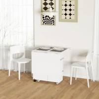 HOMCOM Folding Dining Table with Storage, Drop Leaf Kitchen Table on Wheels with Box, Shelves and Towel Racks, White(m-8)