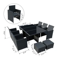 Outsunny 11 Pieces Wicker Patio Dining Set Outdoor Furniture Set with Removable Cushions, Glass Top Dining Table, PE Rattan Conversation Set for Garden Poolside Backyard, Black(m-3)