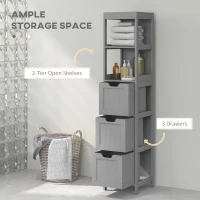 kleankin Narrow Bathroom Cabinet with 3 Drawers and 2 Tier Shelf, Tall Cupboard Freestanding Linen Tower, Grey(m-4)