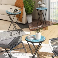 Outsunny Mosaic Outdoor Patio Side Table, 14" Round Folding Outdoor Coffee Table with Steel Frame for Balcony Deck Patio Terrace, Blue(m-7)