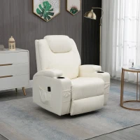 HOMCOM Massage Recliner Chair, Swivel Nursery Rocker Chair, Manual Reclining Sofa with 8 Vibration Points, PU Leather, Cup Holders, Side Pockets, for Living Room, Cream White(m-1)