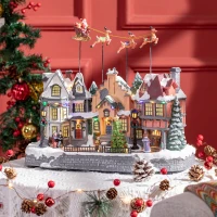 HOMCOM Christmas Village, Santa & Deer Skating Pond Animated Winter Wonderland Set with Multicolored LED Light, Battery Operated Christmas Decoration(m-2)