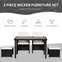 Outsunny 5pc Rattan Wicker Dining Set Outdoor Sofa Table Ottoman Set Space Saving Patio Furniture with Cushion, Black(m-4)