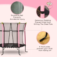 Soozier 63" Kids Trampoline Mini Indoor Bouncer Jumper with Enclosure Net Elastic Thick Padded Pole Gift for Child Toddler Age 3-10 Years Old Pink(m-5)