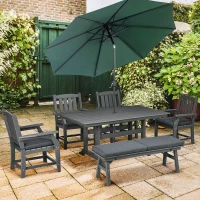Outsunny 6 Pieces Patio Dining Set, 6 Seater Outdoor Table and Chairs, Conversation Furniture, Armrests, Loveseat Bench, Dinner Table with Umbrella Hole, Cushions, Dark Gray(m-10)