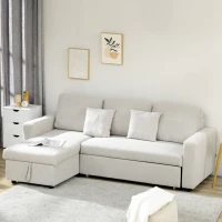HOMCOM Sectional Sofa Bed, L-Shaped Loveseat Reversible Sleeper Sofa with Pull Out Couch Bed, Storage Chaise, Cushions, Linen Feel Fabric Futon Sofa Bed for Living Room, Cream White 89.75"(m-10)