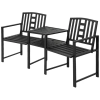 Outsunny Metal Garden Bench with Middle Table and Umbrella Hole, 2-in-1 Double Patio Chairs, Outdoor 2-person Tete-a-Tete, Slatted, Black(m-11)