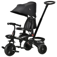 Qaba Tricycle for Toddler 4 in 1 Kids Trike with Reversible Adjustable Seat, Baby Push Bike with Removable Handle, Canopy, Belt Storage Brake Clutch for 1-5 Years, Black(m-11)