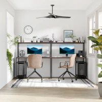 HOMCOM 94.5in Industrial Double Computer Desk with Hutch and Storage Shelves, Extra Long Two Person Home Office Desk, Writing Table Workstation for 2 People with CPU Stand, Brown Wood Grain(m-10)