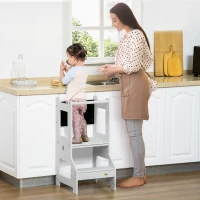 Qaba Kids Kitchen Step Stool, 2 in 1 Kitchen Table Set Toddler Standing Tower with Chalkboard, Safety Rail for Kitchen, Bathroom, Bedroom, Gray(m-2)