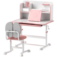Qaba Height Adjustable Kids Desk and Chair Set for Writing Drawing w/ Tilt Desktop, Storage Drawer and Reading Rack, Pink(m-1)