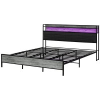 HOMCOM King Bed Frame with Storage Upholstered Headboard, King Size Bed Frame with LED Lights, Charging Station, Cement Gray
