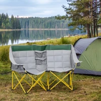 Outsunny Loveseat Style Camping Chair, Oversized Folding Lawn Chair with Carry Bag & Cup Holders, for Outdoor, Beach, Picnic, Hiking, Travel, Green & Gray(m-10)