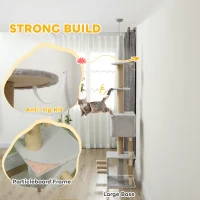 PawHut 89"-100" Floor to Ceiling Cat Tree w/ Scratching Post, Cat House, 3-Steps, Hanging Ball, Perches, Light Grey(m-5)