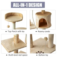 PawHut 45" Plush Sturdy Interactive Cat Condo Tower Scratching Post Activity Tree House - Beige/ White(m-4)