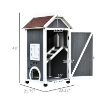 PawHut 43"H Wooden Cat House Outdoor with Hammock, Weatherproof 3-Floor Feral Cat Shelter with Escape Doors, Asphalt Roof, Inside Ladders, Gray(m-3)