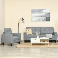 HOMCOM 3-Seater Sofa, Mid-Century Linen Couch with Upholstered Seat, Button-Tufted Back Cushion and Rubber Wood Legs for Living Room, Bedroom, Gray(m-4)