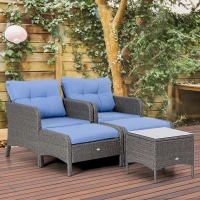 Outsunny 5pcs Patio Rattan Coffee Set Garden Wicker Bistro Set with Ottoman Yard Sofa Conversation Set Armchairs Tea Table & Footstool w/ Cushions All Weather Deck Furniture, Blue(m-1)