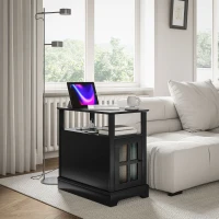 HOMCOM Narrow Side Table End Table with Charging Station, USB Ports, Modern End Table with Storage for Living Room, Black(m-10)