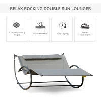 Outsunny Double Chaise Lounger Garden Rocker Sun Bed Outdoor Hammock Chair Texteline with Pillow Grey(m-6)