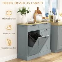 HOMCOM 10 Gallon Farmhouse Kitchen Cabinet with Hidden Trash Can and 2 Drawers, Tilt Out Trash Can Cabinet for Kitchen, Gray(m-4)